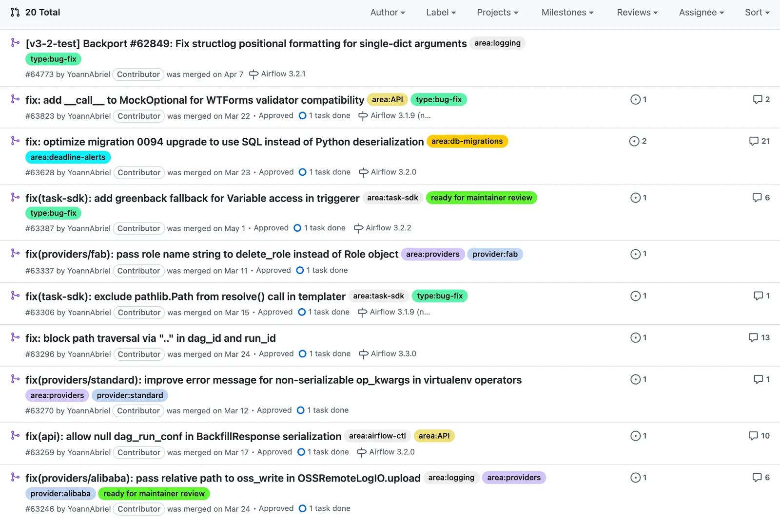 Liste GitHub des pull requests de YoannAbriel mergées dans apache/airflow, 20 au total