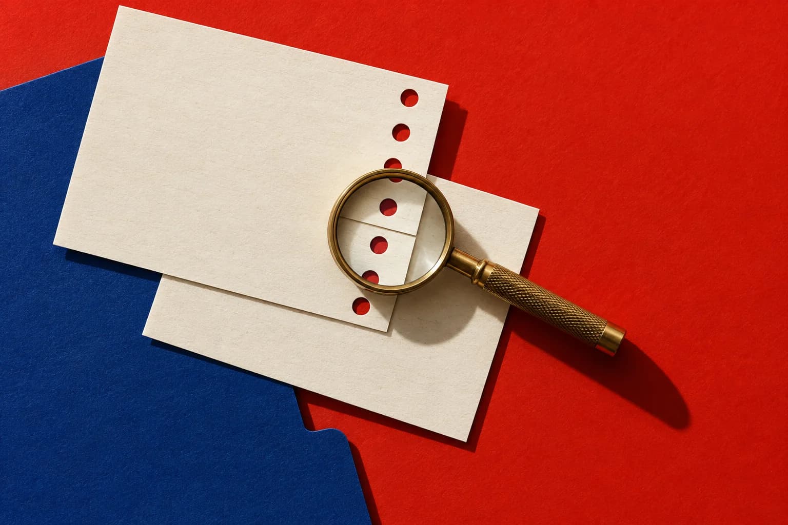 Visuel conceptuel : Fiches d’archives perforées et loupe