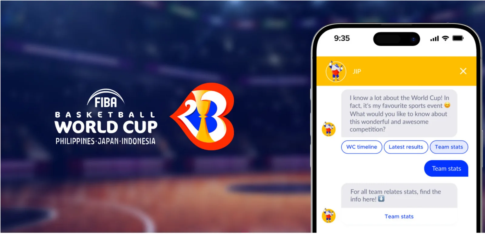 JIP, le chatbot officiel de la Coupe du Monde de Basketball FIBA 2023, en conversation sur mobile à côté du logo de la compétition